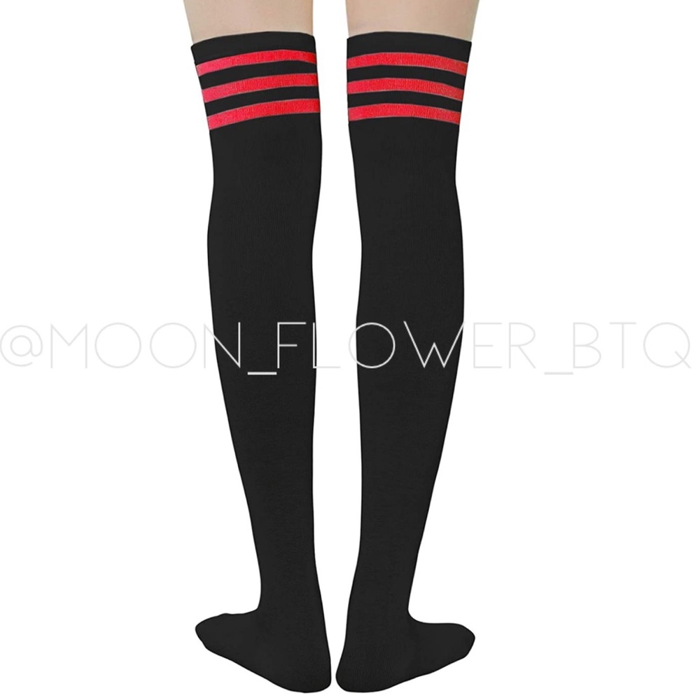 ❤️SOLD❤️Black Red Stripe Over the Knee Thigh High Socks - Picture 6 of 7